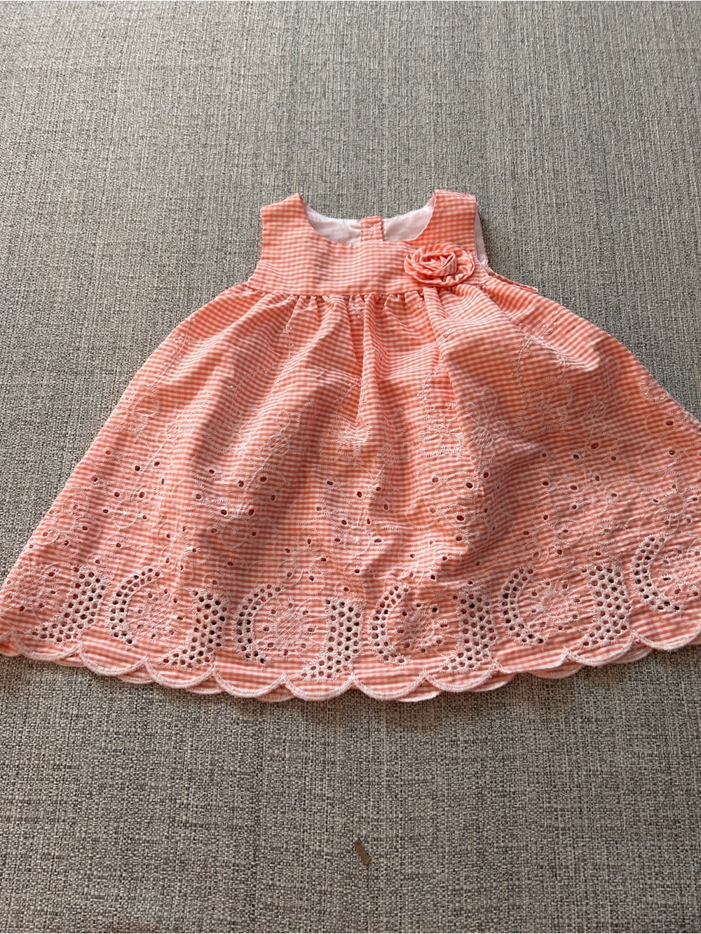 Bonnie Baby Peach Gingham Eyelet Sundress with Rosette. Size 12M